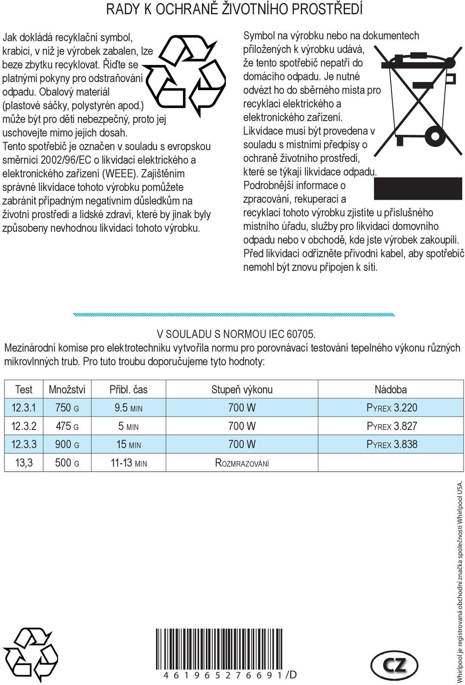 Tento spotřebič je označen v souladu s evropskou směrnicí 2002/96/EC o likvidaci elektrického a elektronického zařízení (WEEE).