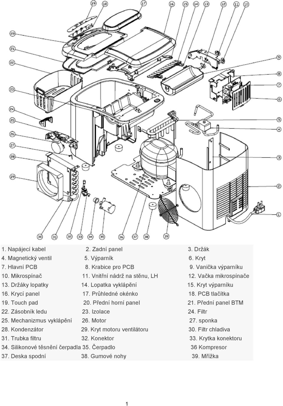 Touch pad 20. Přední horní panel 21. Přední panel BTM 22. Zásobník ledu 23. Izolace 24. Filtr 25. Mechanizmus vyklápění 26. Motor 27. sponka 28. Kondenzátor 29.