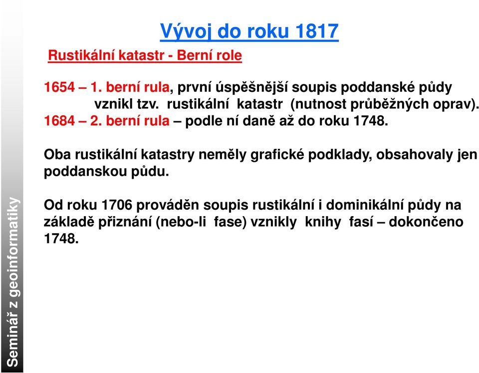 rustikální katastr (nutnost průběžných oprav). 1684 2. berní rula podle ní daně až do roku 1748.