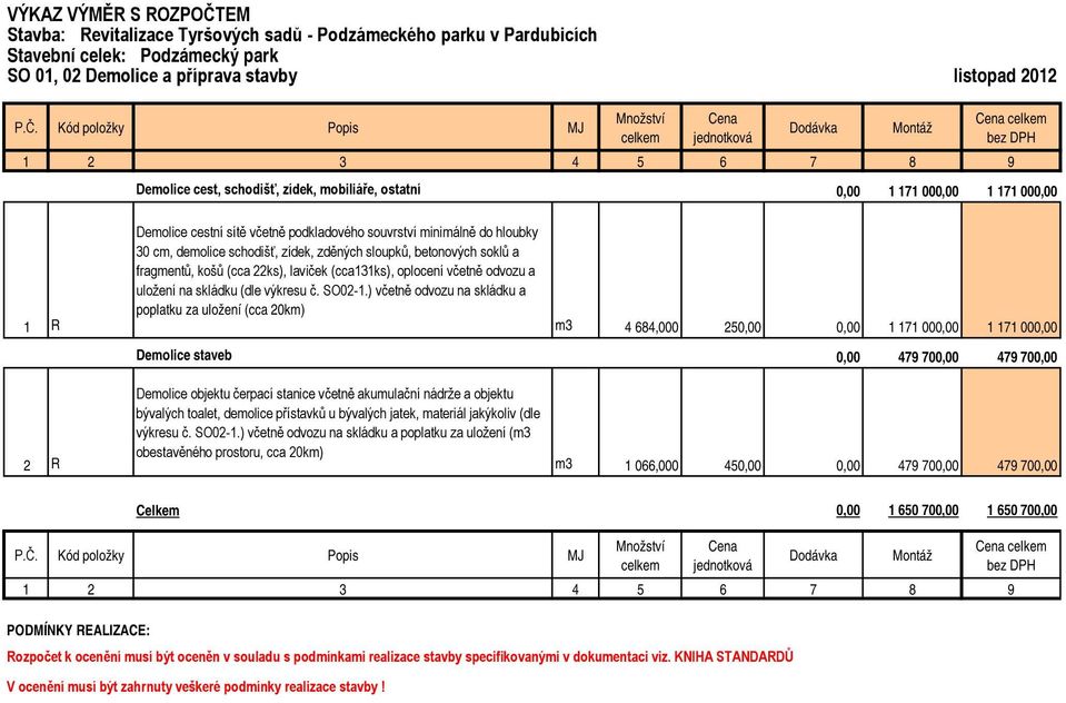 betonových soklů a fragmentů, košů (cca 22ks), laviček (cca131ks), oplocení včetně odvozu a uložení na skládku (dle výkresu č. SO02-1.