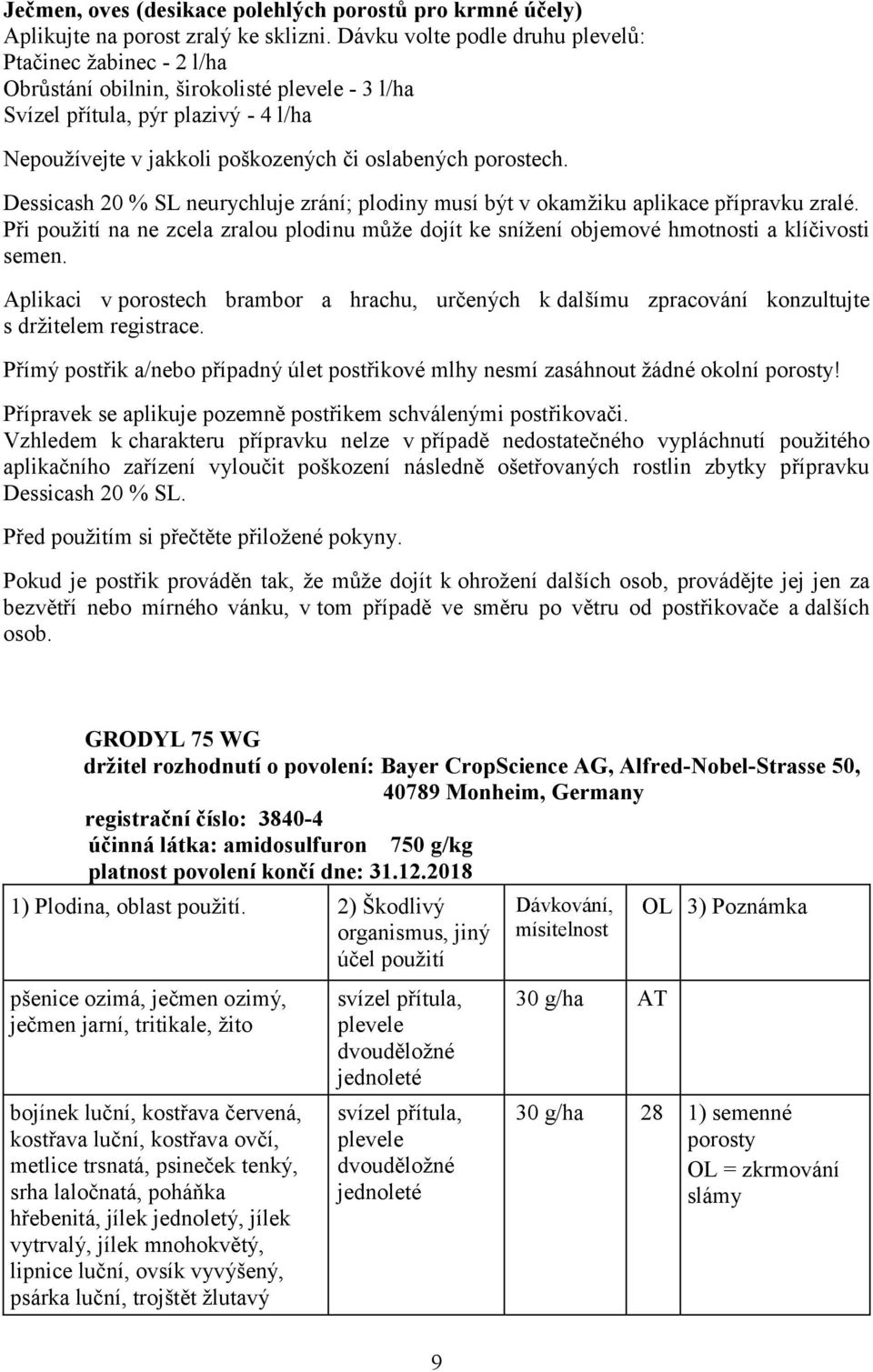 Dessicash 20 % SL neurychluje zrání; plodiny musí být v okamžiku aplikace přípravku zralé. Při použití na ne zcela zralou plodinu může dojít ke snížení objemové hmotnosti a klíčivosti semen.