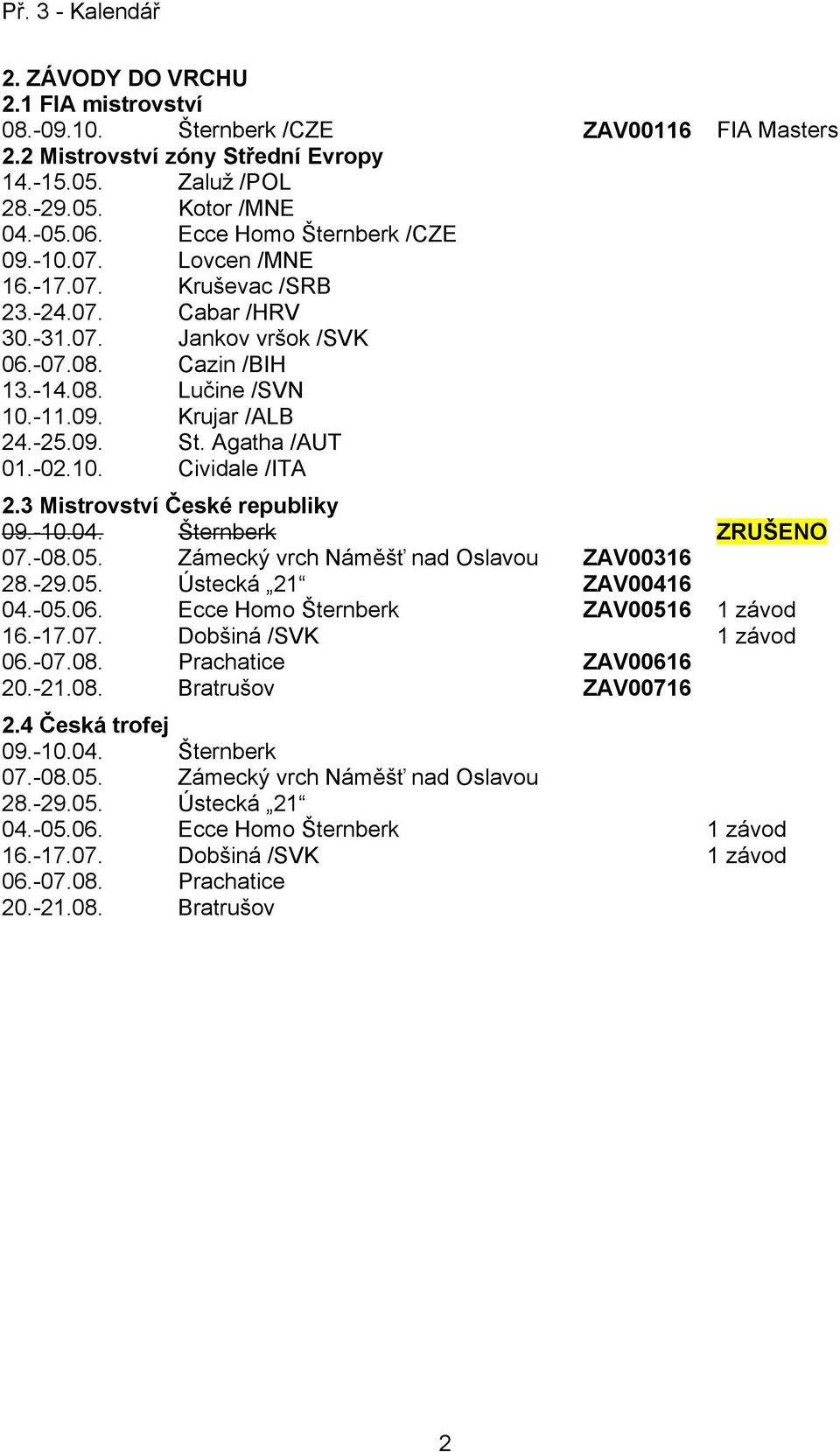 3 Mistrovství České republiky 09.-0.04. Šternberk ZRUŠENO 07.-08.05. Zámecký vrch Náměšť nad Oslavou ZAV0036 28.-29.05. Ústecká 2 ZAV0046 04.-05.06. Ecce Homo Šternberk ZAV0056 závod 6.-7.07. Dobšiná /SVK závod 06.