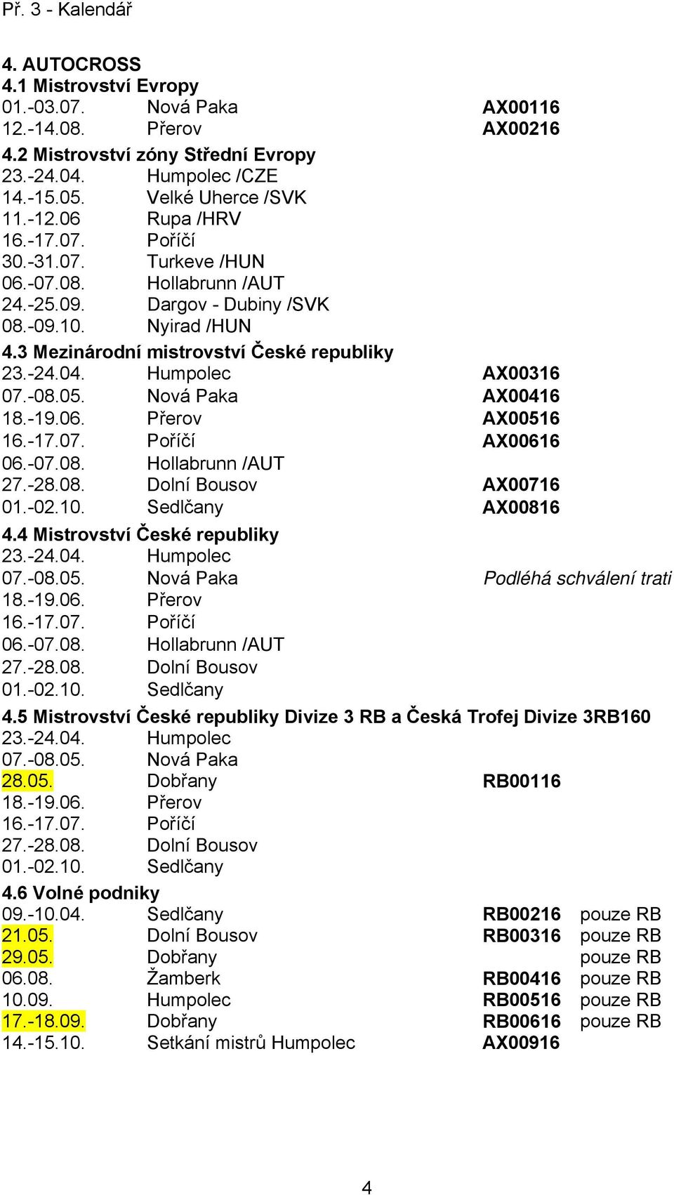 Nová Paka AX0046 8.-9.06. Přerov AX0056 6.-7.07. Poříčí AX0066 06.-07.08. Hollabrunn /AUT 27.-28.08. Dolní Bousov AX0076 0.-02.0. Sedlčany AX0086 4.4 Mistrovství České republiky 23.-24.04. Humpolec 07.