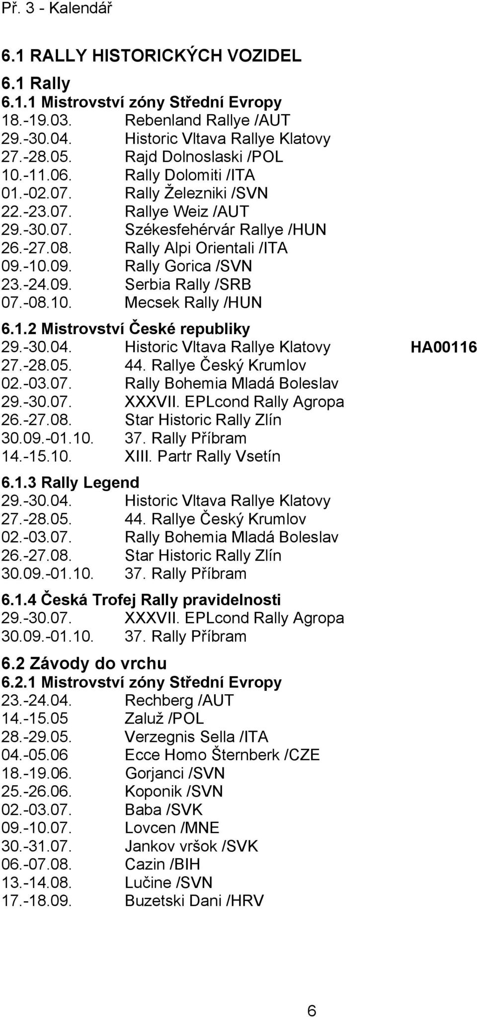 -08.0. Mecsek Rally /HUN 6..2 Mistrovství České republiky 29.-30.04. Historic Vltava Rallye Klatovy HA006 27.-28.05. 44. Rallye Český Krumlov 02.-03.07. Rally Bohemia Mladá Boleslav 29.-30.07. XXXVII.