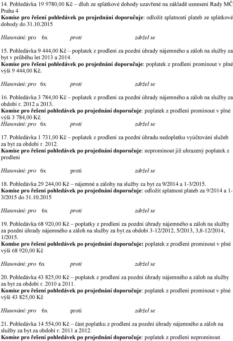 Pohledávka 3 784,00 Kč poplatek z prodlení za pozdní úhrady nájemného a záloh na služby za období r. 2012 a 2013. výši 3 784,00 Kč. 17.