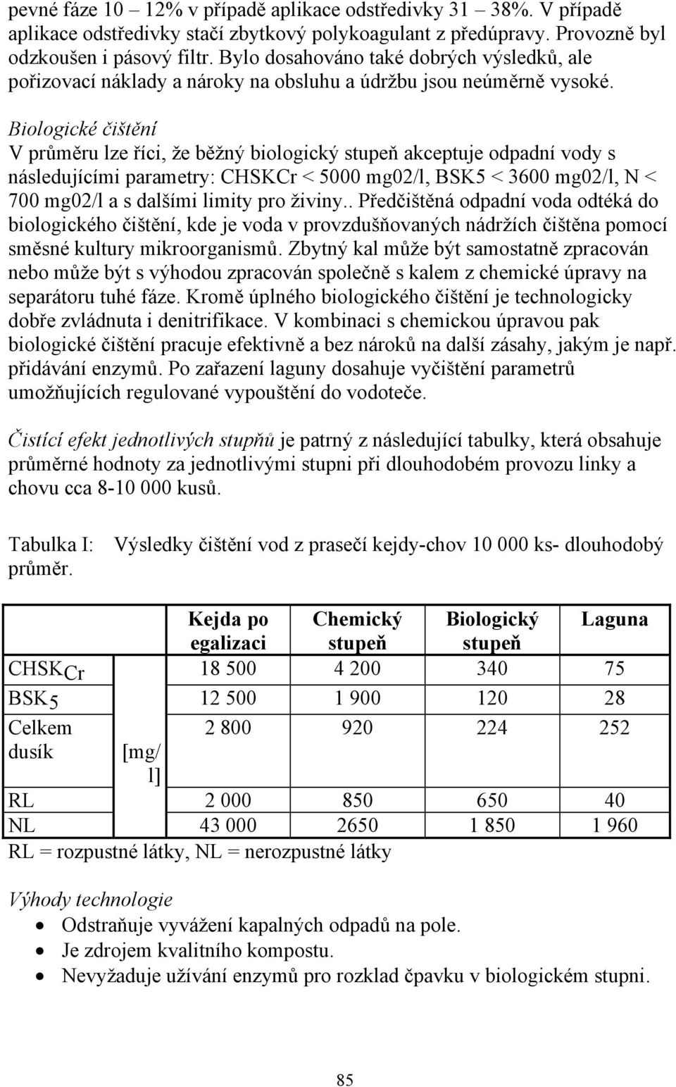 Biologické čištění V průměru lze říci, že běžný biologický stupeň akceptuje odpadní vody s následujícími parametry: CHSKCr < 5000 mg02/l, BSK5 < 3600 mg02/l, N < 700 mg02/l a s dalšími limity pro