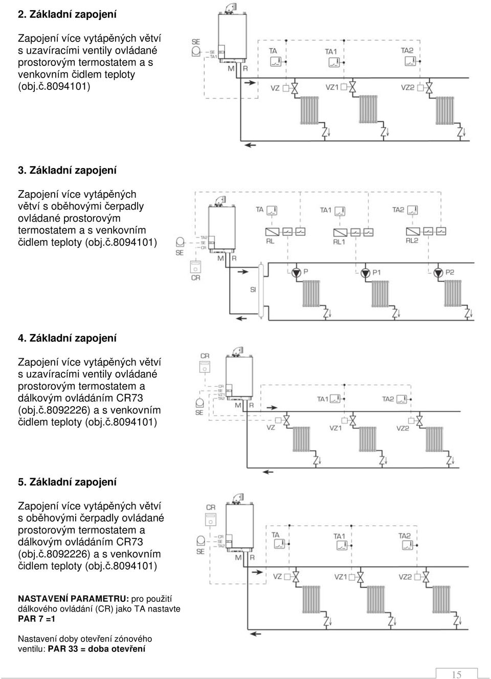 Základní zapojení Zapojení více vytáp n ch v tví s uzavíracími ventily ovládané prostorov m termostatem a dálkov m ovládáním CR73 (obj..8092226) a s venkovním idlem teploty (obj..8094101) 5.