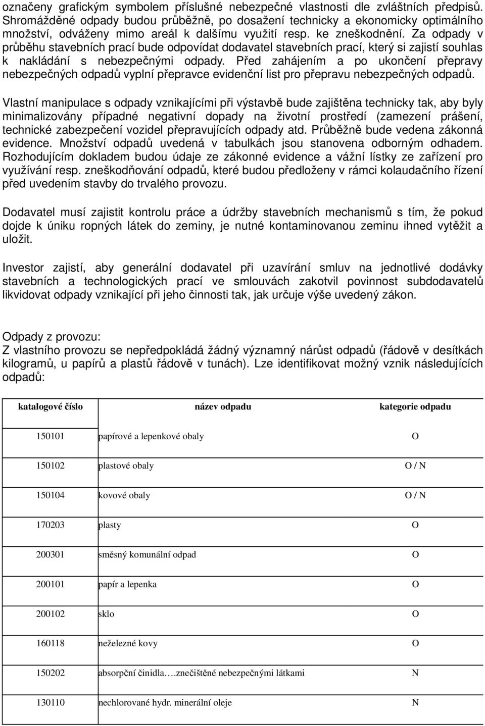 Za odpady v průběhu stavebních prací bude odpovídat dodavatel stavebních prací, který si zajistí souhlas k nakládání s nebezpečnými odpady.