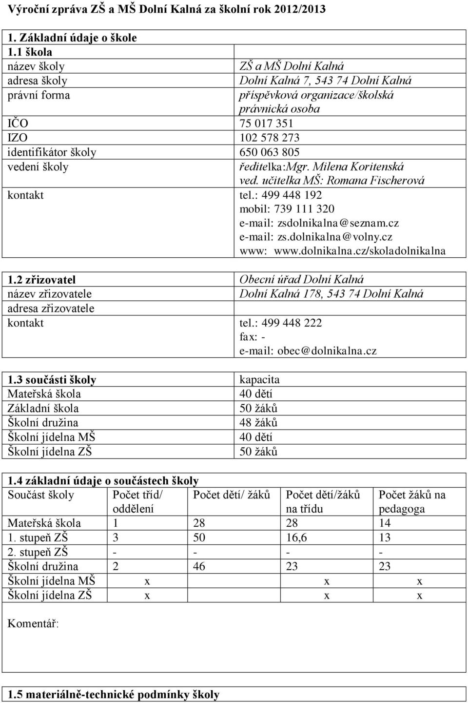 organizace/školská právnická osoba ředitelka:mgr. Milena Koritenská ved. učitelka MŠ: Romana Fischerová kontakt tel.: 499 448 192 mobil: 739 111 320 e-mail: zsdolnikalna@seznam.cz e-mail: zs.