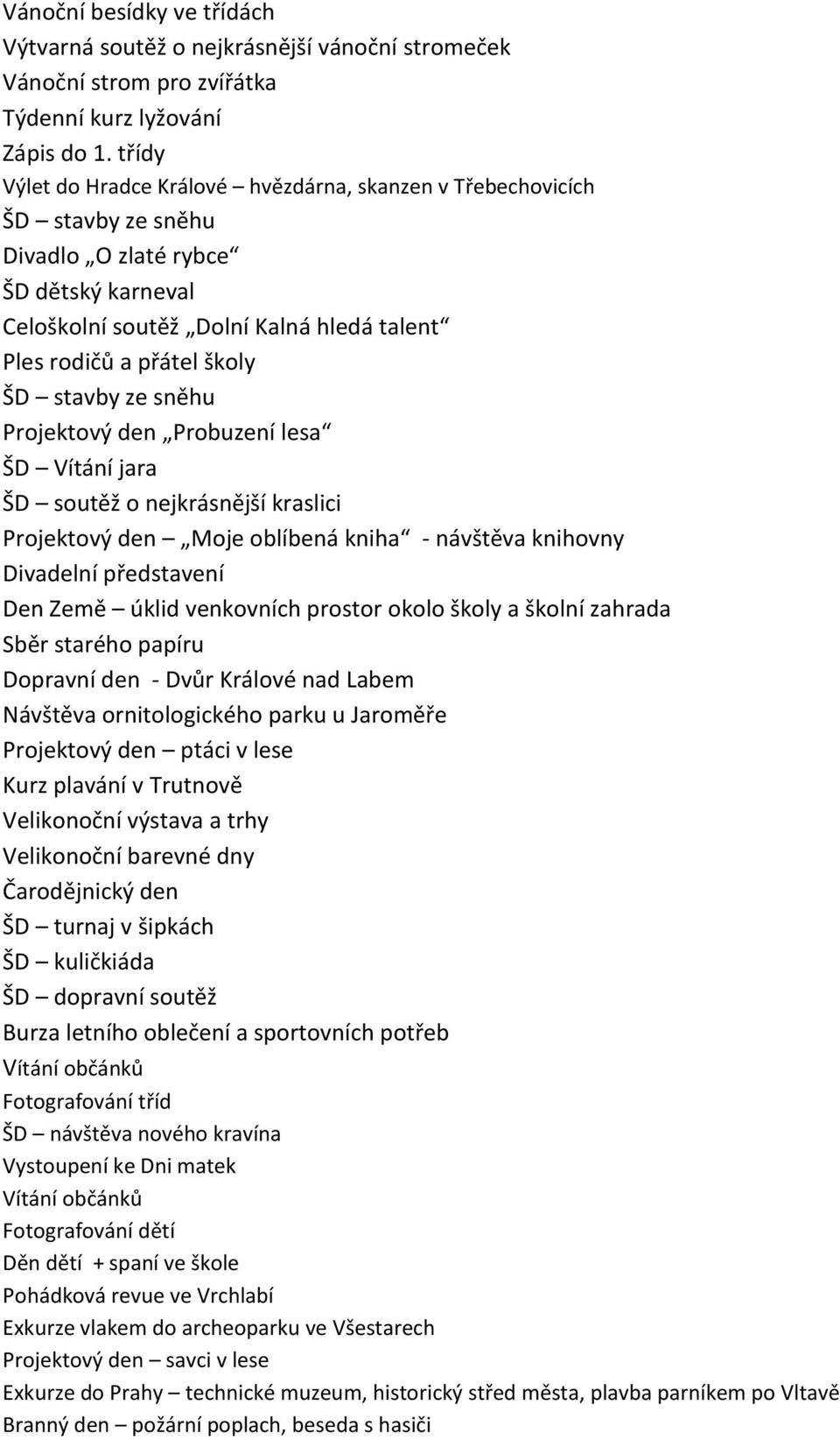 stavby ze sněhu Projektový den Probuzení lesa ŠD Vítání jara ŠD soutěž o nejkrásnější kraslici Projektový den Moje oblíbená kniha - návštěva knihovny Divadelní představení Den Země úklid venkovních