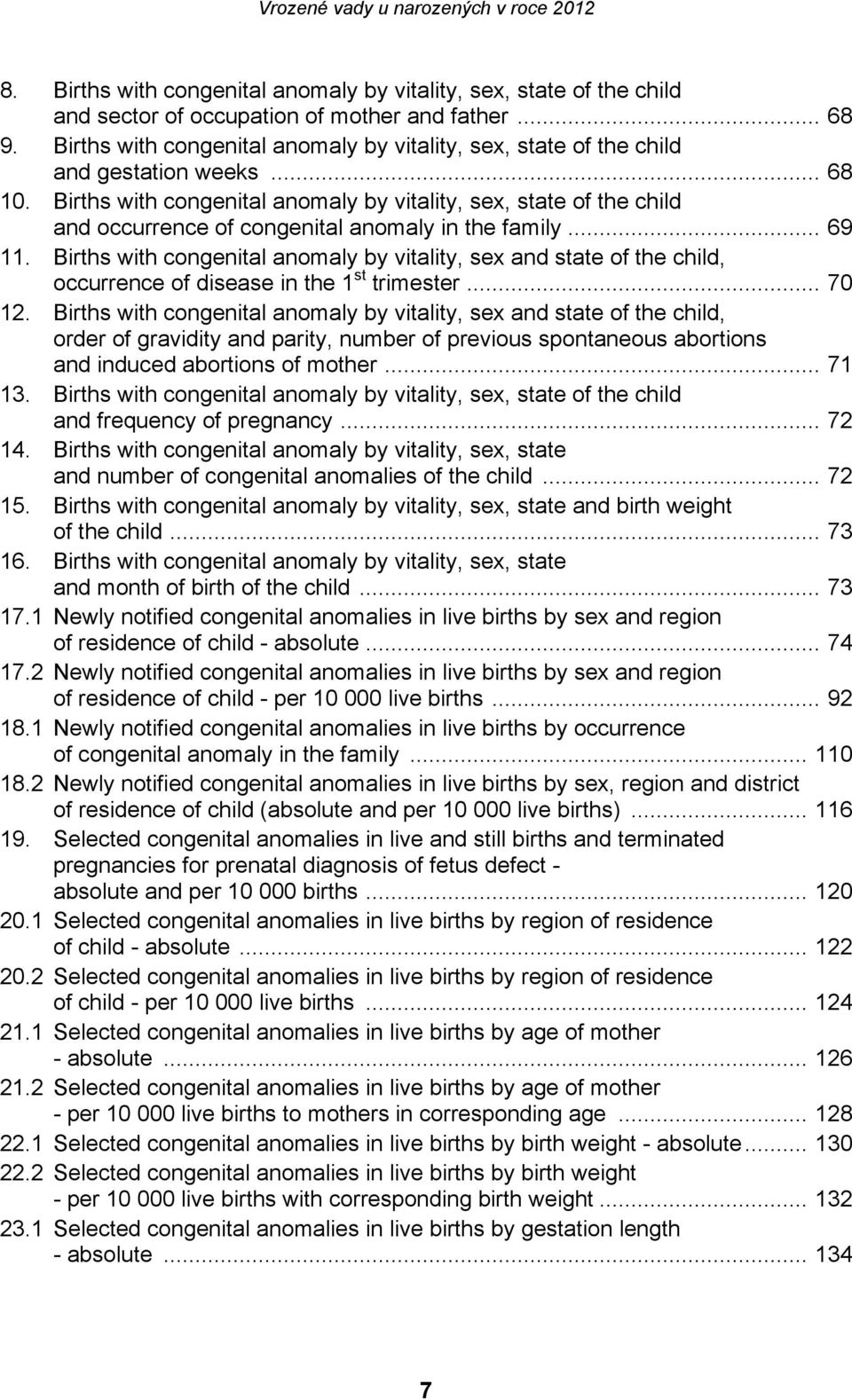 Births with congenital anomaly by vitality, sex, state of the child and occurrence of congenital anomaly in the family... 69 11.