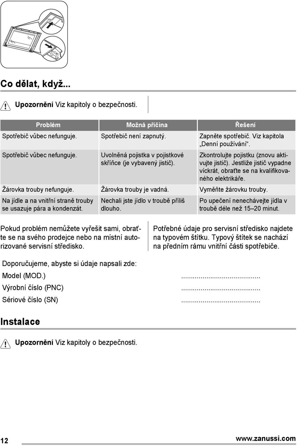 Jestliže jistič vypadne víckrát, obraťte se na kvalifikovaného elektrikáře. Žárovka trouby nefunguje. Žárovka trouby je vadná. Vyměňte žárovku trouby.