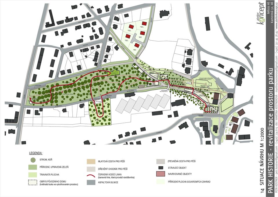 HŘBITOVA KAPLANKA MLATOVÁ CESTA PRO PĚŠÍ PARCELA 2 1 068,93 m2 HOUPAČKY DŘEVĚNÝ CHODNÍK PRO PĚŠÍ PARCELA 3 1 134,25 m2 ČERVENÁ VODÍCÍ LINKA (barevná linie, která provádí návštěvníka) ASFALTOVÁ