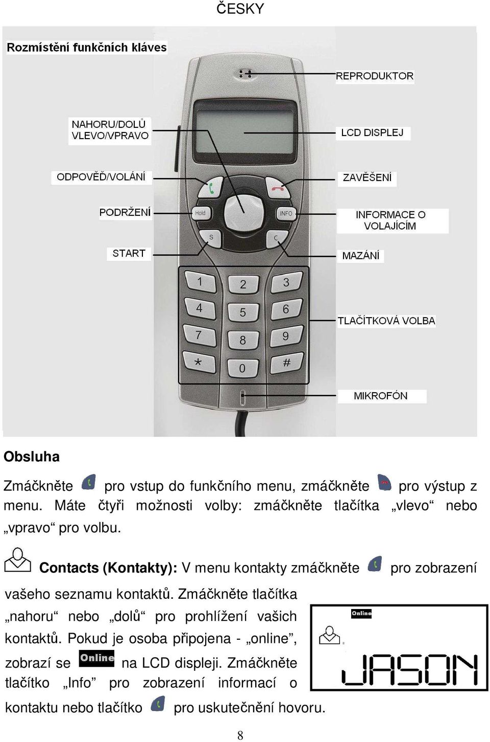 Contacts (Kontakty): V menu kontakty zmáčkněte vašeho seznamu kontaktů.