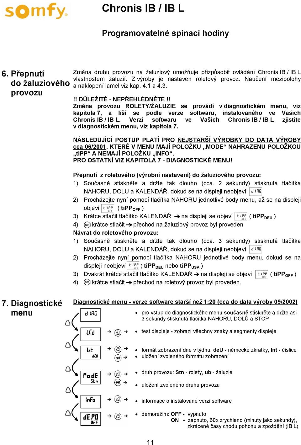 ! Změna provozu ROLETY/ŽALUZIE se provádí v diagnostickém menu, viz kapitola 7, a liší se podle verze softwaru, instalovaného ve Vašich Chronis IB / IB L.