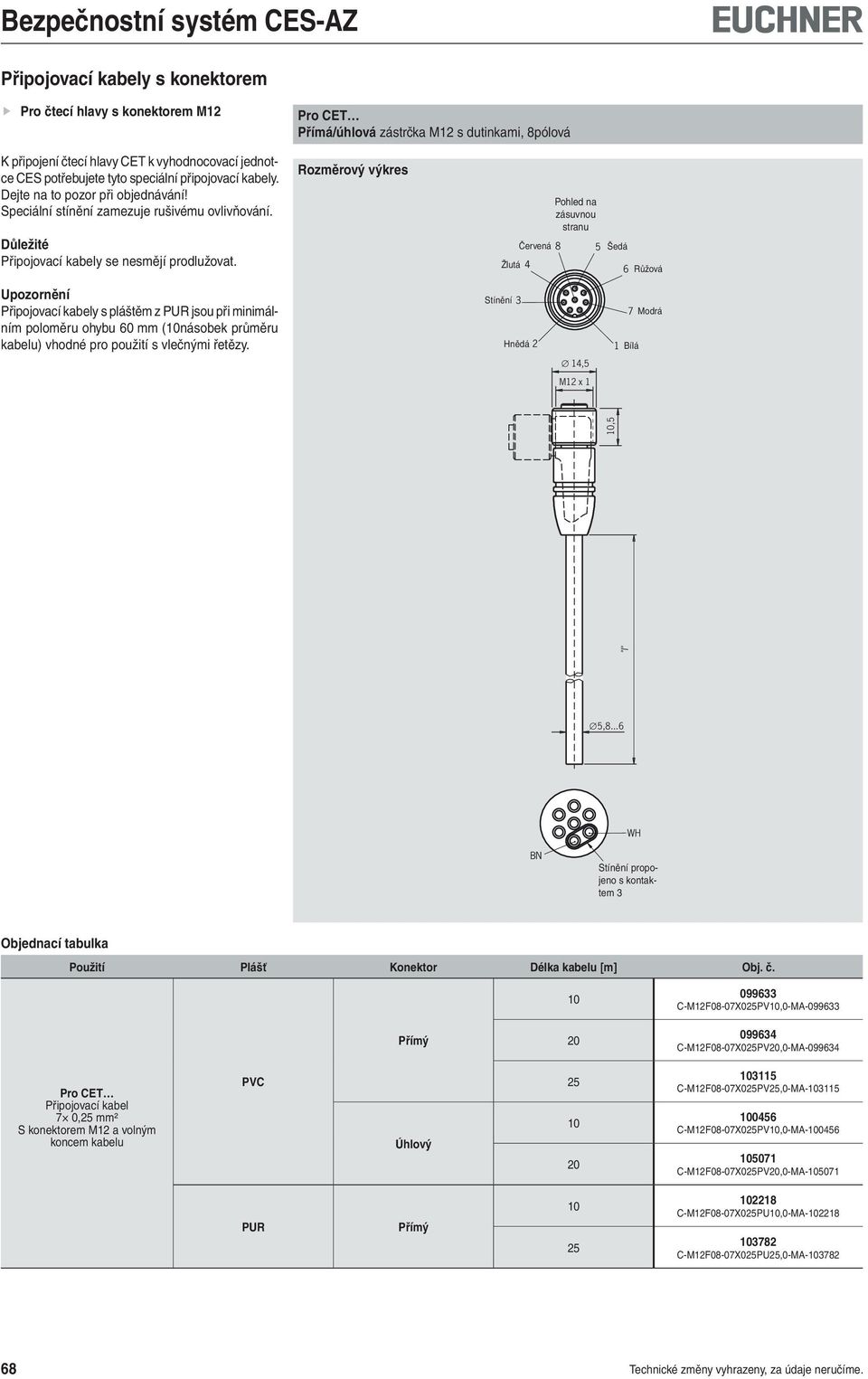 Červená 8 Žlutá 4 Šedá 6 Růžová Upozornění Připojovací kabely s pláštěm z PUR jsou při minimálním poloměru ohybu 60 mm (násobek průměru kabelu) vhodné pro použití s vlečnými řetězy.