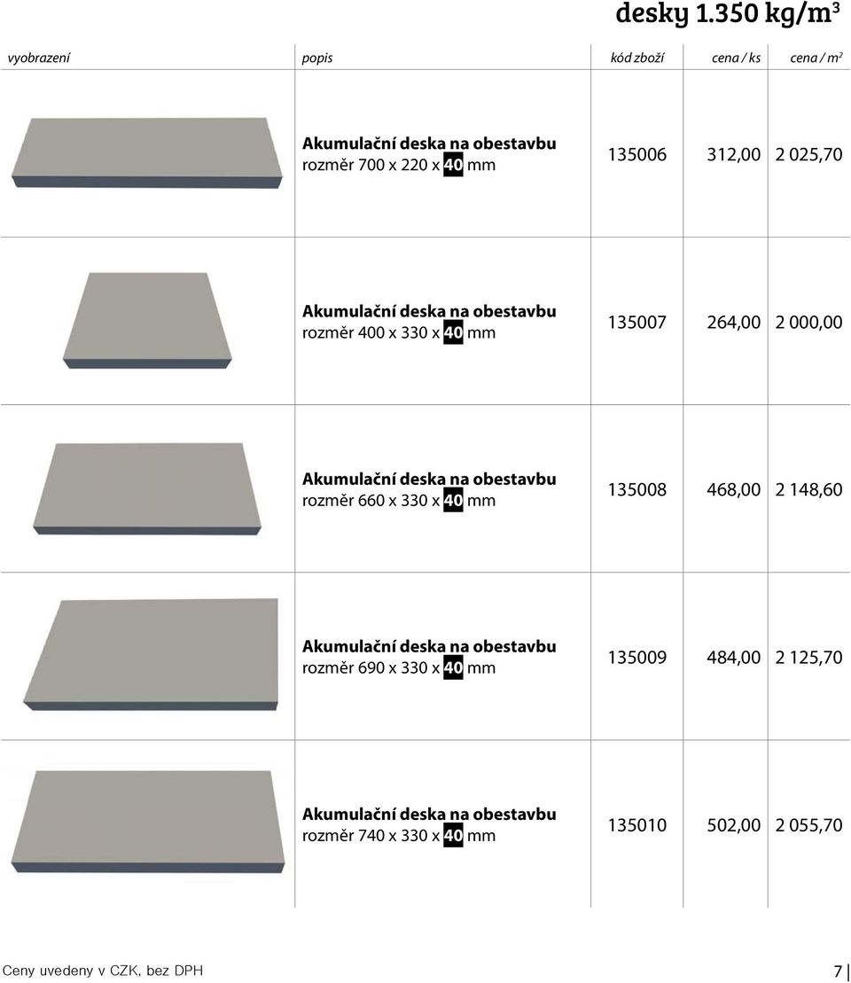 330 x 40 mm 135007 264,00 2 000,00 rozměr 660 x 330 x 40 mm 135008