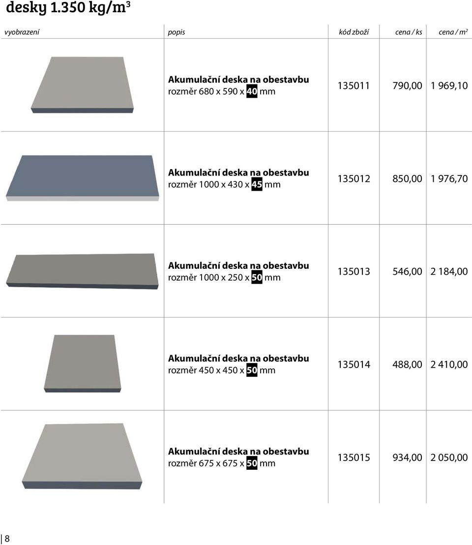 1000 x 430 x 45 mm 135012 850,00 1 976,70 rozměr 1000 x 250 x 50