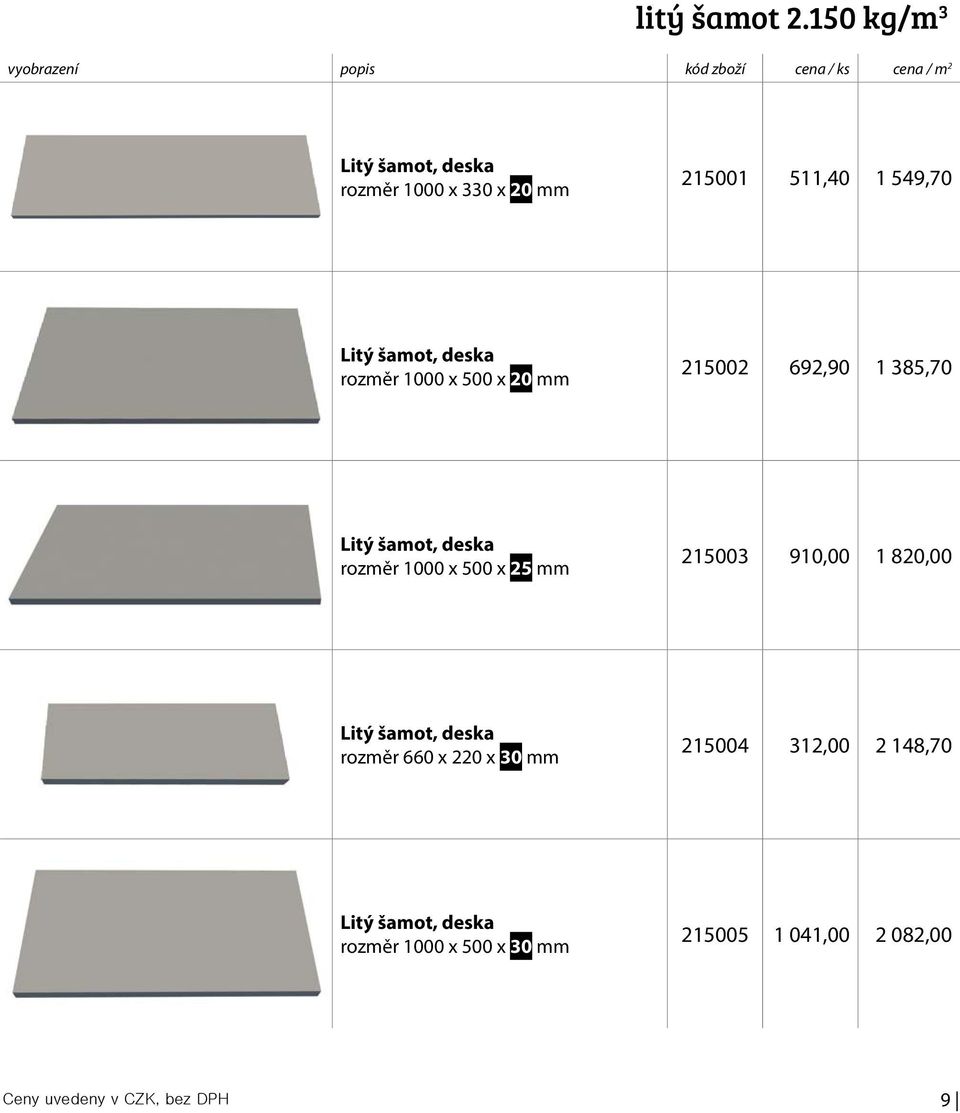 rozměr 1000 x 500 x 20 mm 215002 692,90 1 385,70 Litý šamot, deska rozměr 1000 x 500 x 25 mm