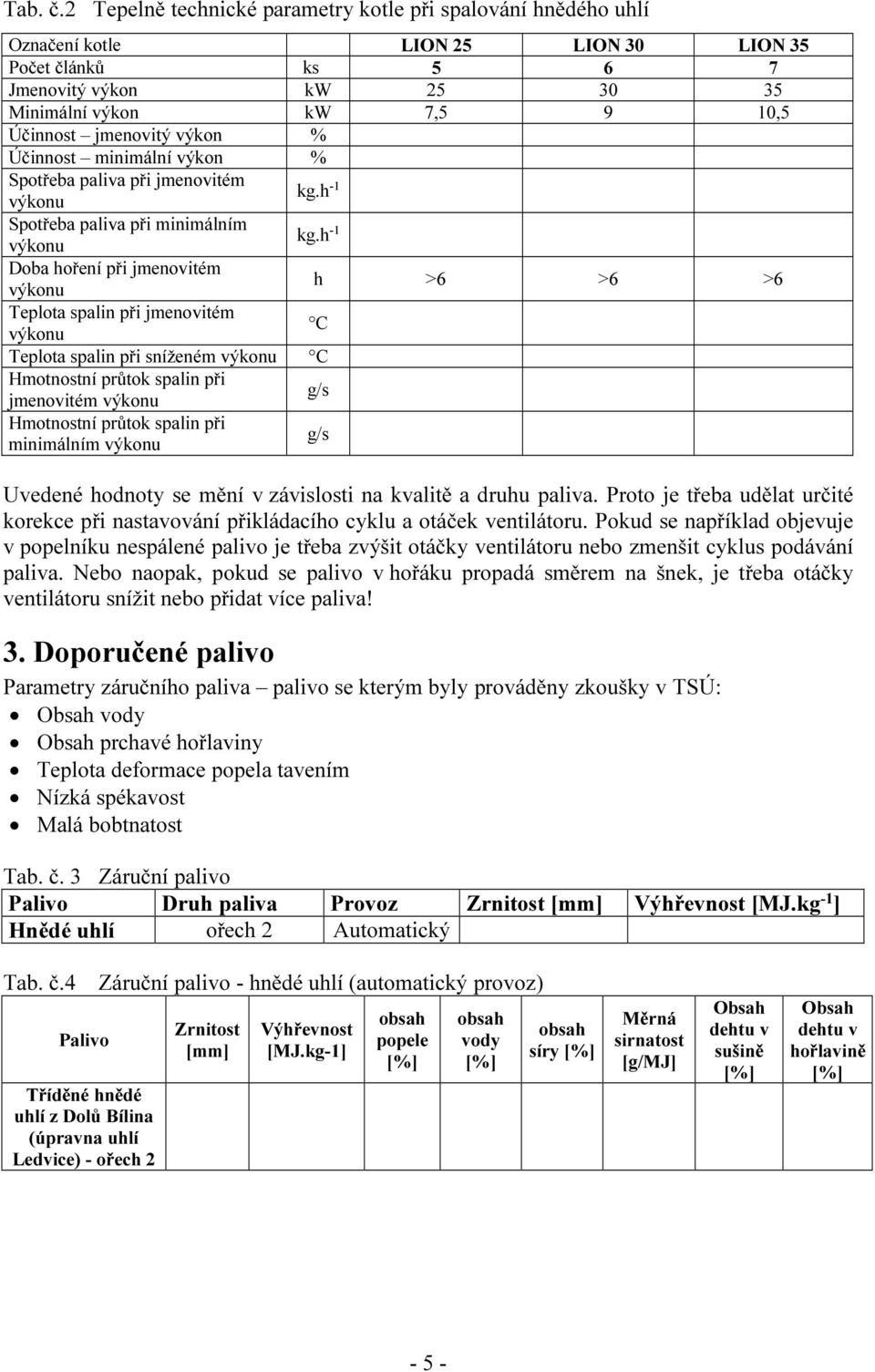 jmenovitý výkon % Účinnost minimální výkon % Spotřeba paliva při jmenovitém výkonu kg.h -1 Spotřeba paliva při minimálním výkonu kg.