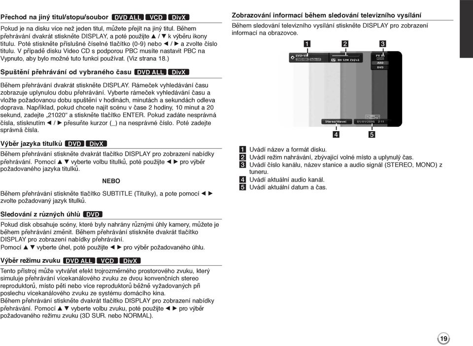 V případě disku Video CD s podporou PBC musíte nastavit PBC na Vypnuto, aby bylo možné tuto funkci používat. (Viz strana 18.