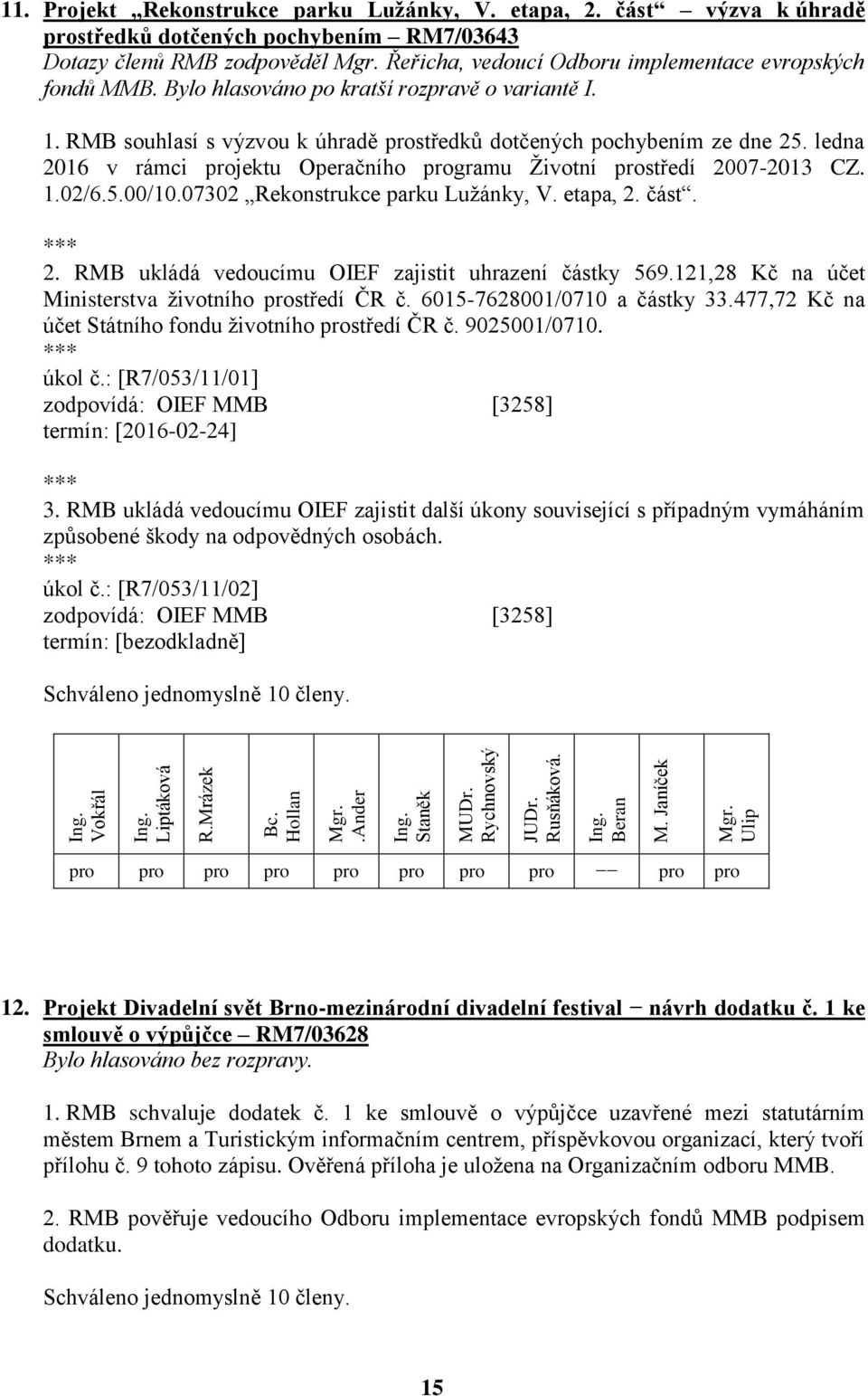RMB souhlasí s výzvou k úhradě prostředků dotčených pochybením ze dne 25. ledna 2016 v rámci projektu Operačního programu Životní prostředí 2007-2013 CZ. 1.02/6.5.00/10.