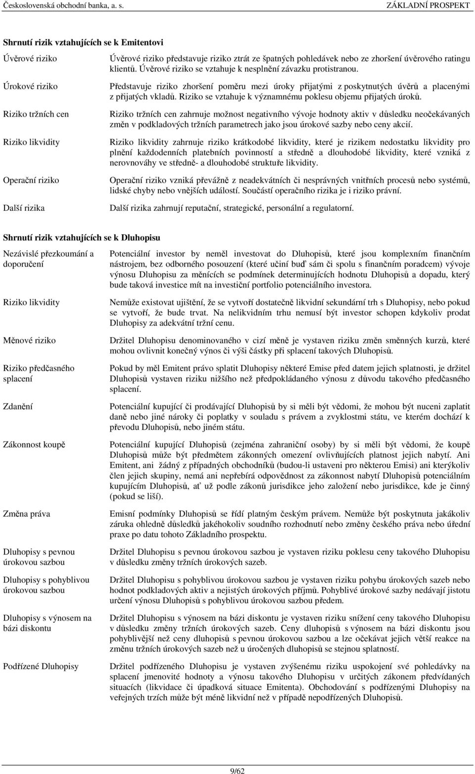 Úrokové riziko Riziko tržních cen Riziko likvidity Operační riziko Další rizika Představuje riziko zhoršení poměru mezi úroky přijatými z poskytnutých úvěrů a placenými z přijatých vkladů.