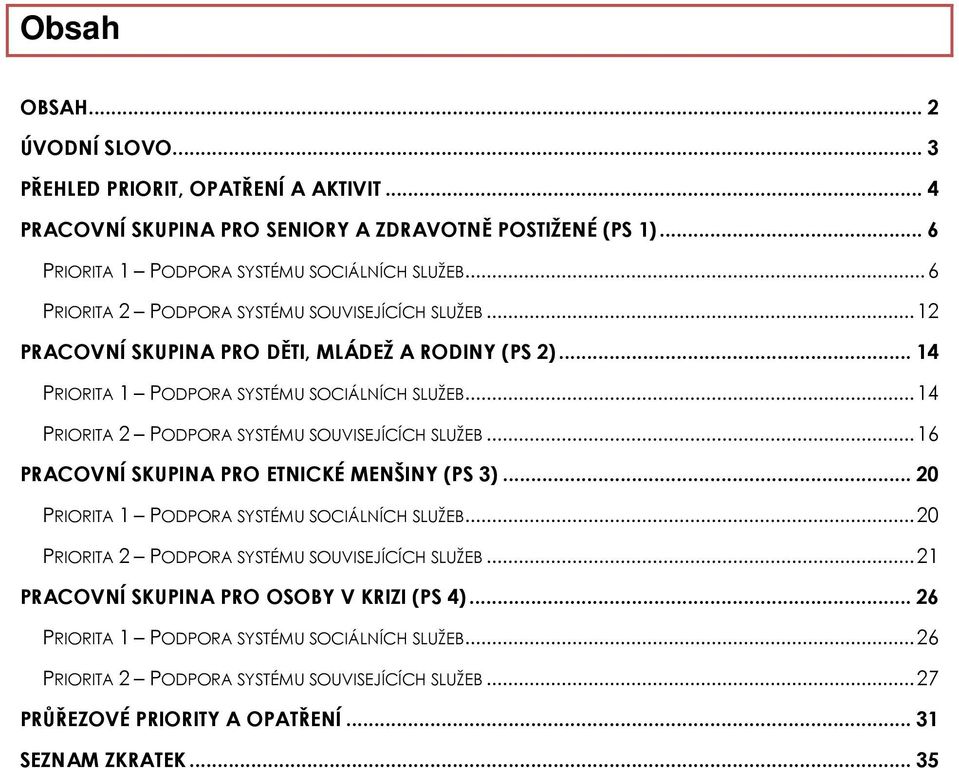 ..14 PRIORITA 2 PODPORA SYSTÉMU SOUVISEJÍCÍCH SLUŽEB...16 PRACOVNÍ SKUPINA PRO ETNICKÉ MENŠINY (PS 3)... 20 PRIORITA 1 PODPORA SYSTÉMU SOCIÁLNÍCH SLUŽEB.