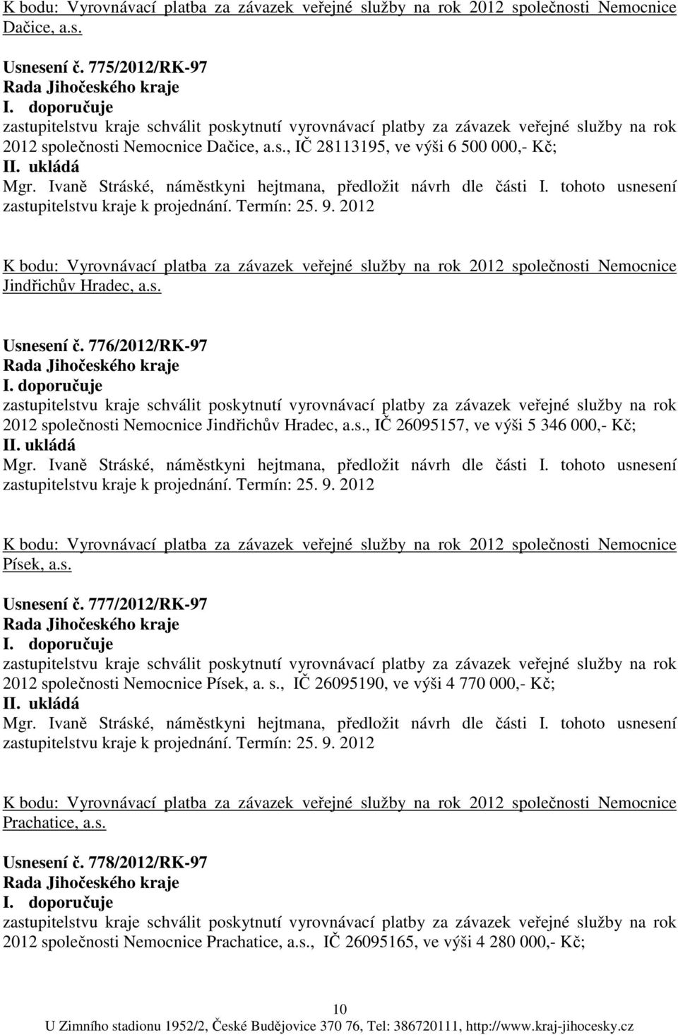 Ivaně Stráské, náměstkyni hejtmana, předložit návrh dle části I. tohoto usnesení zastupitelstvu kraje k projednání. Termín: 25. 9.