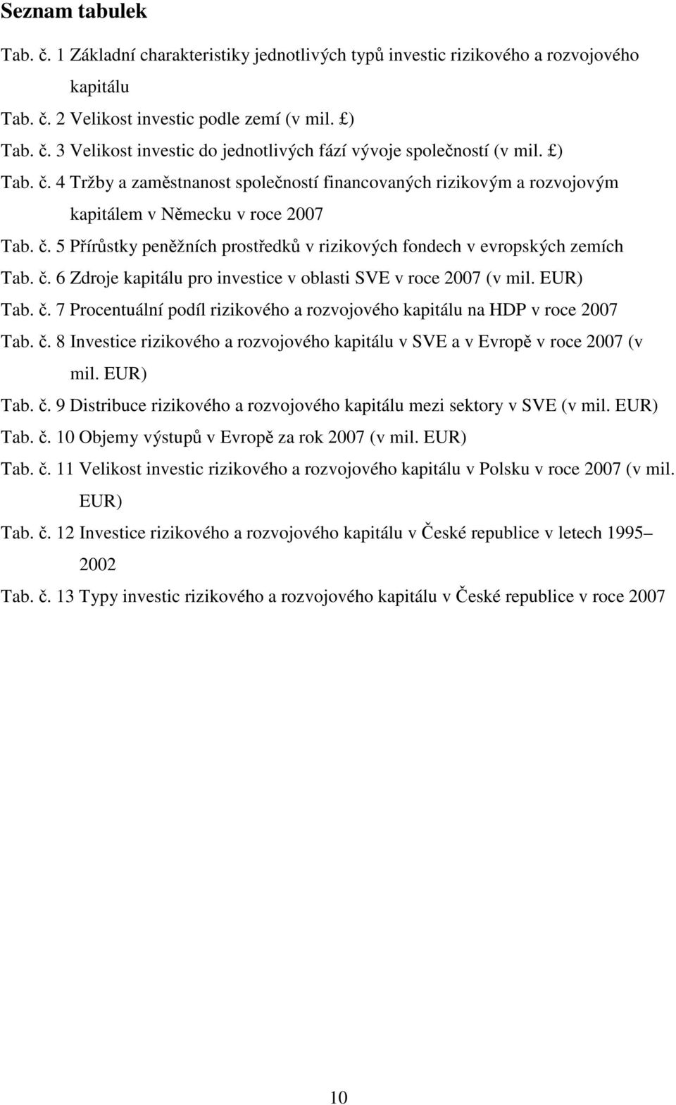 č. 6 Zdroje kapitálu pro investice v oblasti SVE v roce 2007 (v mil. EUR) Tab. č. 7 Procentuální podíl rizikového a rozvojového kapitálu na HDP v roce 2007 Tab. č. 8 Investice rizikového a rozvojového kapitálu v SVE a v Evropě v roce 2007 (v mil.