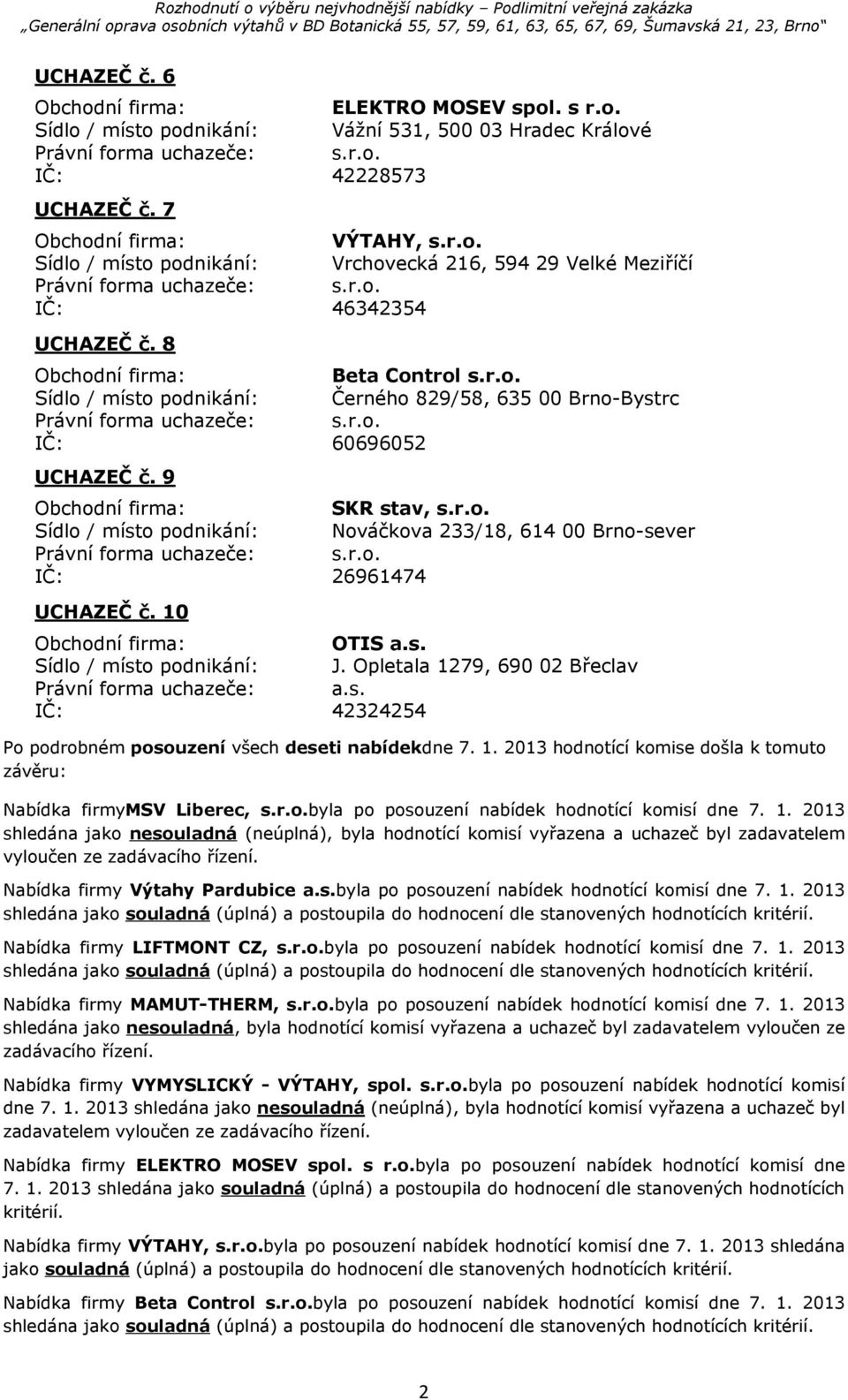 10 OTIS a.s. Sídlo / místo podnikání: J. Opletala 1279, 690 02 Břeclav Právní forma uchazeče: a.s. IČ: 42324254 Po podrobném posouzení všech deseti nabídekdne 7. 1. 2013 hodnotící komise došla k tomuto závěru: Nabídka firmymsv Liberec, s.