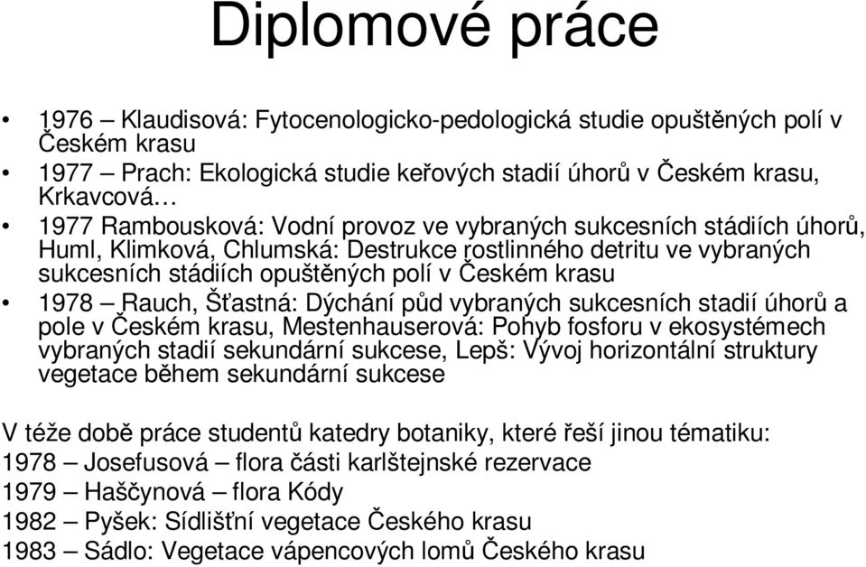 Dýchání půd vybraných sukcesních stadií úhorů a pole v Českém krasu, Mestenhauserová: Pohyb fosforu v ekosystémech vybraných stadií sekundární sukcese, Lepš: Vývoj horizontální struktury vegetace