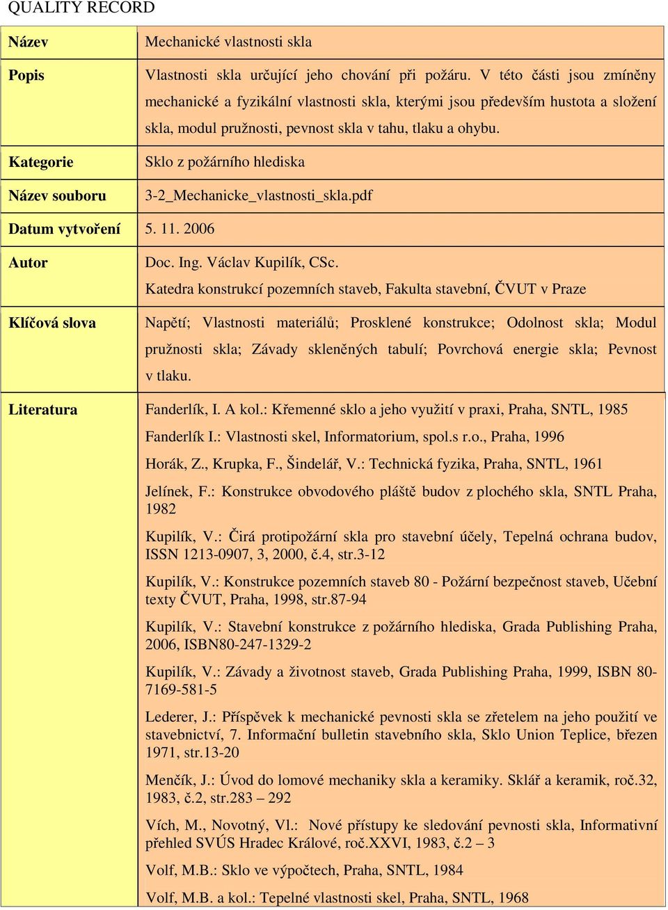 Sklo z požárního hlediska 3-2_Mechanicke_vlastnosti_skla.pdf Datum vytvoření 5. 11. 2006 Autor Klíčová slova Doc. Ing. Václav Kupilík, CSc.