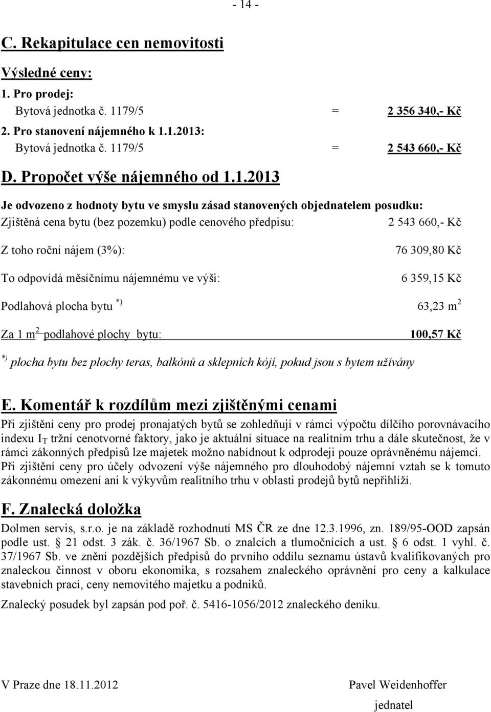 1.2013 Je odvozeno z hodnoty bytu ve smyslu zásad stanovených objednatelem posudku: Zjištěná cena bytu (bez pozemku) podle cenového předpisu: 2 543 660,- Kč Z toho roční nájem (3%): To odpovídá