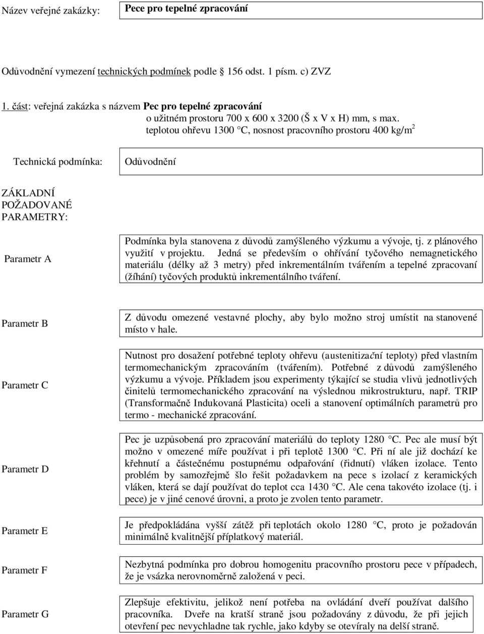 teplotou oh evu 1300 C, nosnost pracovního prostoru 400 kg/m 2 Technická podmínka: Od vodn ní ZÁKLADNÍ POŽADOVANÉ PARAMETRY: Parametr A z plánového využití v projektu.