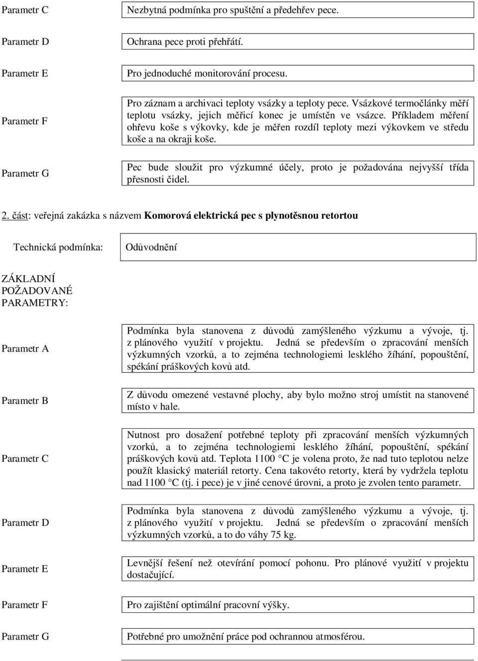 Pec bude sloužit pro výzkumné ú ely, proto je požadována nejvyšší t ída esnosti idel. 2.