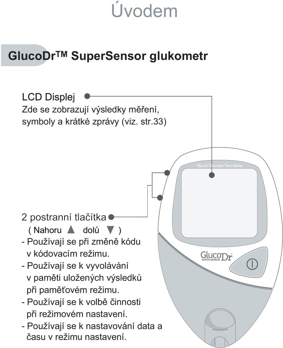 33) Blood Glucose Test Meter 2 postranní tlačítka ( Nahoru dolů ) - Používají se při změně kódu v kódovacím