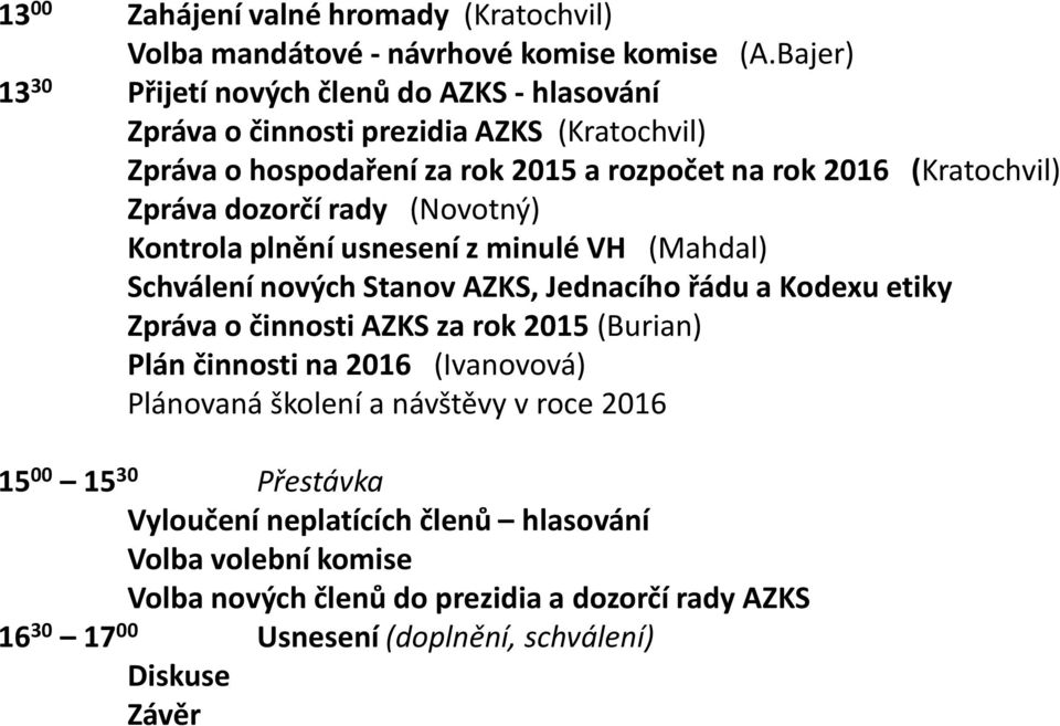 dozorčí rady (Novotný) Kontrola plnění usnesení z minulé VH (Mahdal) Schválení nových Stanov AZKS, Jednacího řádu a Kodexu etiky Zpráva o činnosti AZKS za rok 2015 (Burian)