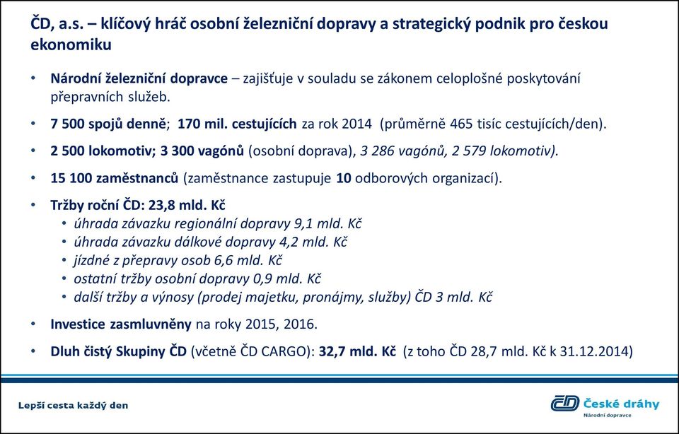 15 100 zaměstnanců (zaměstnance zastupuje 10 odborových organizací). Tržby roční ČD: 23,8 mld. Kč úhrada závazku regionální dopravy 9,1 mld. Kč úhrada závazku dálkové dopravy 4,2 mld.