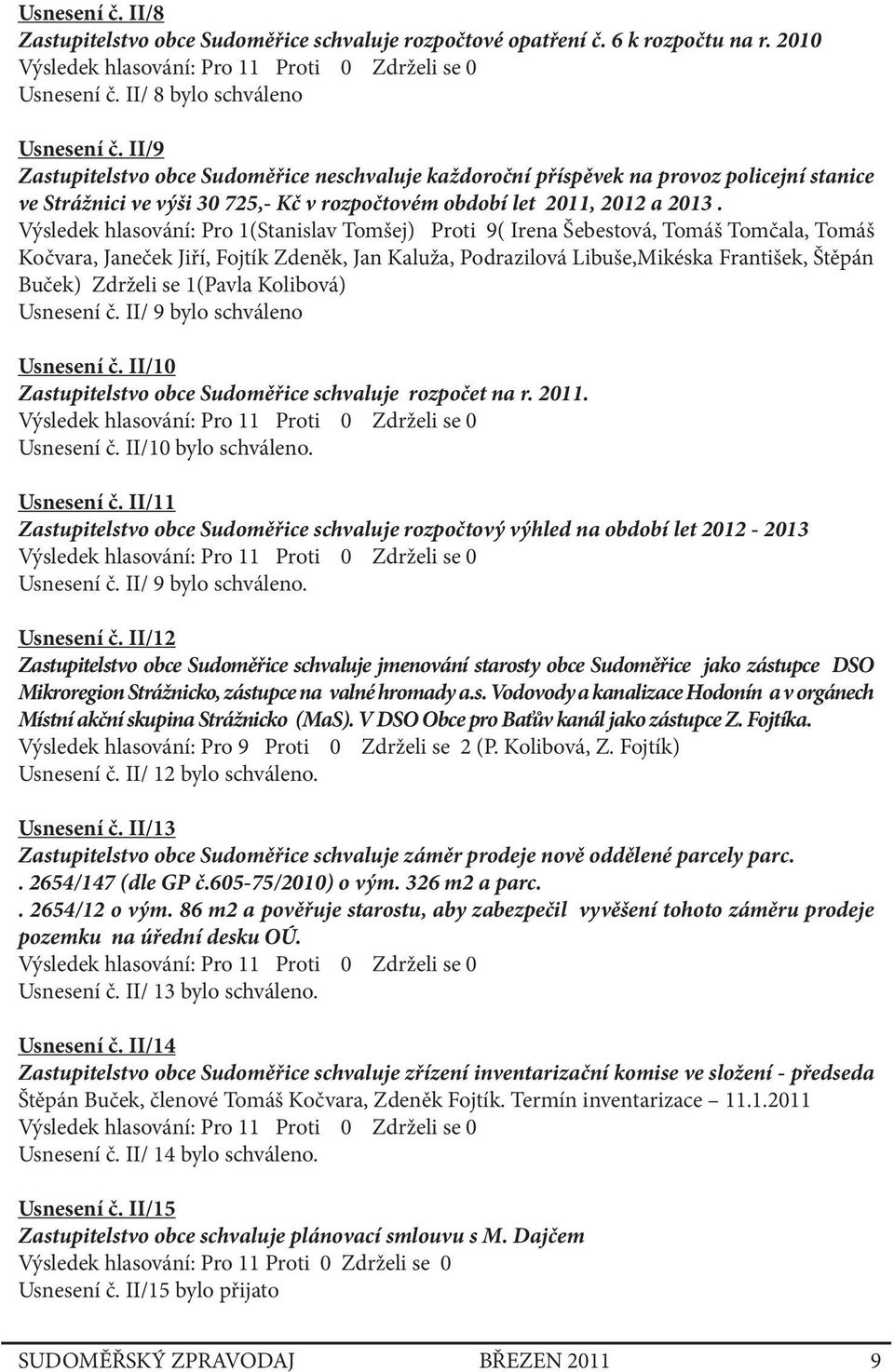 Výsledek hlasování: Pro 1(Stanislav Tomšej) Proti 9( Irena Šebestová, Tomáš Tomčala, Tomáš Kočvara, Janeček Jiří, Fojtík Zdeněk, Jan Kaluža, Podrazilová Libuše,Mikéska František, Štěpán Buček)
