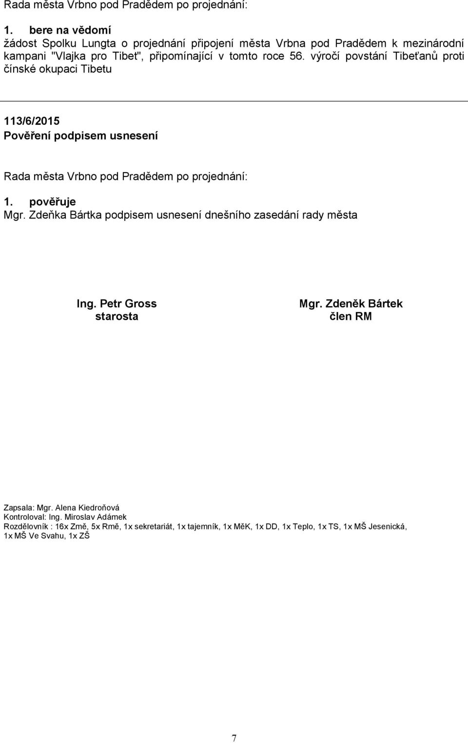 Zdeňka Bártka podpisem usnesení dnešního zasedání rady města Ing. Petr Gross starosta Mgr. Zdeněk Bártek člen RM Zapsala: Mgr.