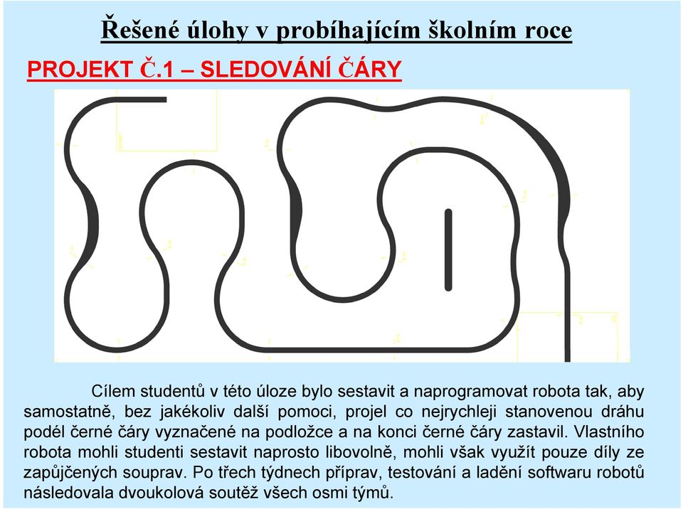 pomoci, projel co nejrychleji stanovenou dráhu podél černé čáry vyznačené na podložce a na konci černé čáry zastavil.