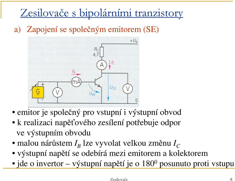 výstupním obvodu malou nárůstem I B lze vyvolat velkou změnu I C výstupní napětí se odebírá