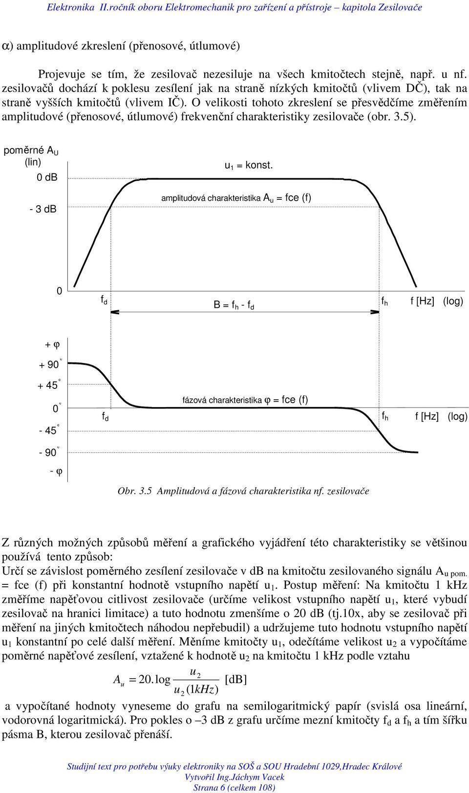 O velikosti tohoto zkreslení se přesvědčíme změřením amplitudové (přenosové, útlumové) frekvenční charakteristiky zesilovače (obr. 3.5). poměrné A (lin) 0 db - 3 db u konst.