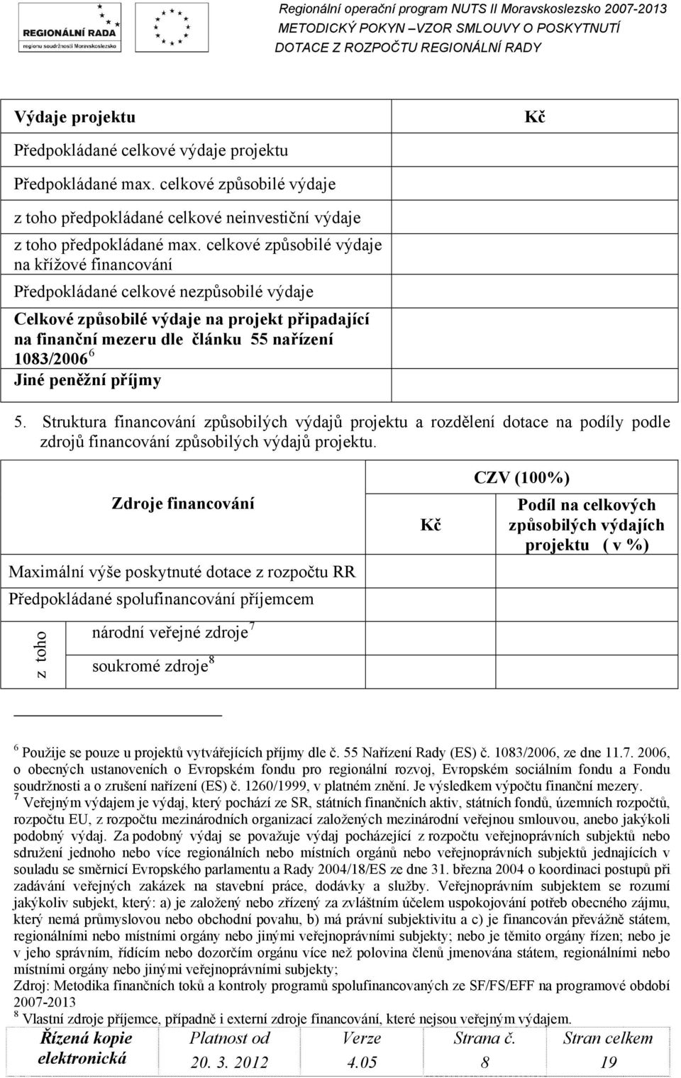 peněžní příjmy 5. Struktura financování způsobilých výdajů projektu a rozdělení dotace na podíly podle zdrojů financování způsobilých výdajů projektu.