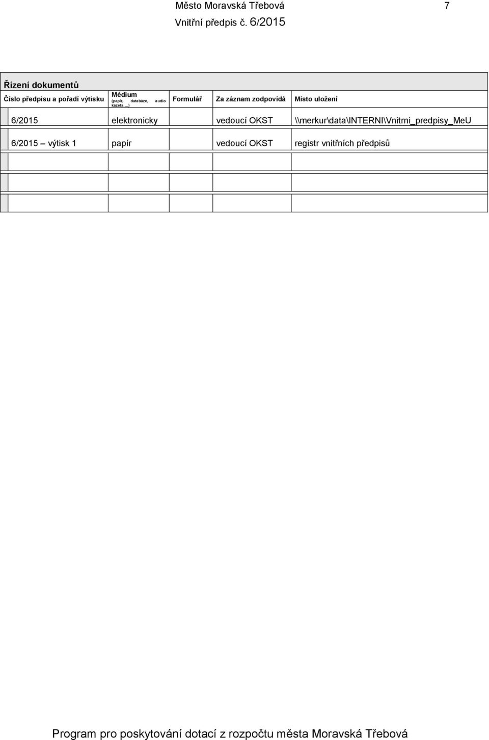) Formulář Za záznam zodpovídá Místo uložení 6/2015 elektronicky vedoucí