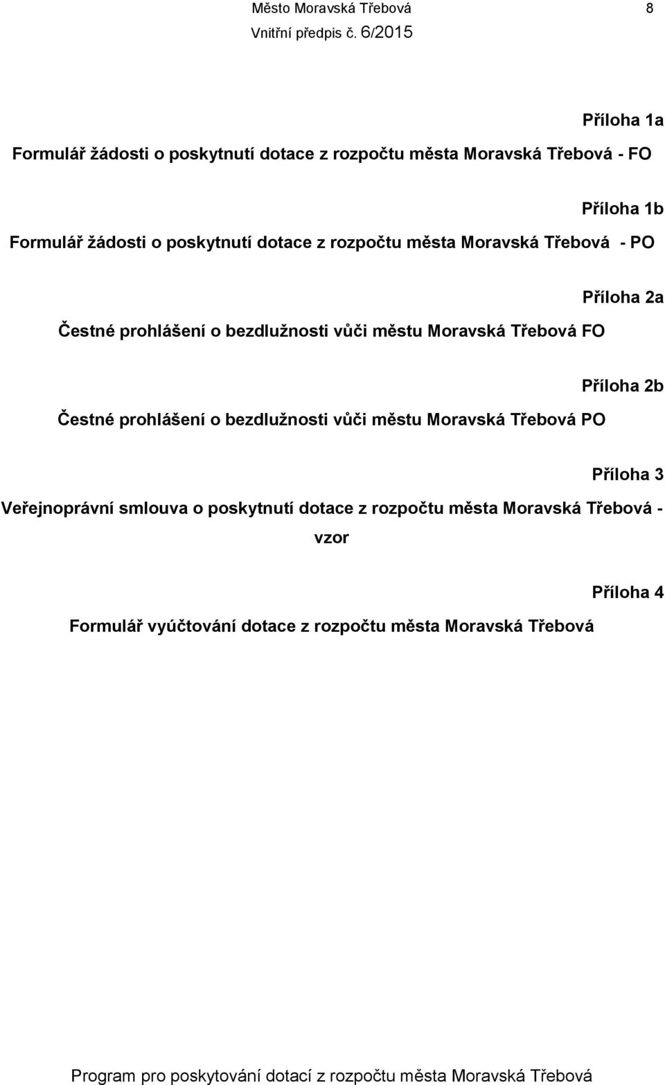 Moravská Třebová FO Příloha 2a Čestné prohlášení o bezdlužnosti vůči městu Moravská Třebová PO Příloha 2b Příloha 3