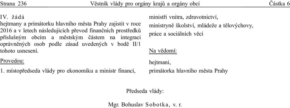 městským částem na integraci oprávněných osob podle zásad uvedených v bodě II/1 tohoto usnesení. Provedou: 1.