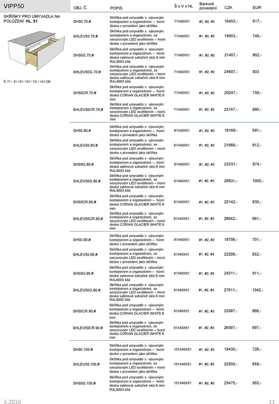 # kontejnerem a organizérem, se senzorovým LED osvětlením horní deska v provedení jako skříňka 71X40X51 19953,- 748,- SH50G.70.