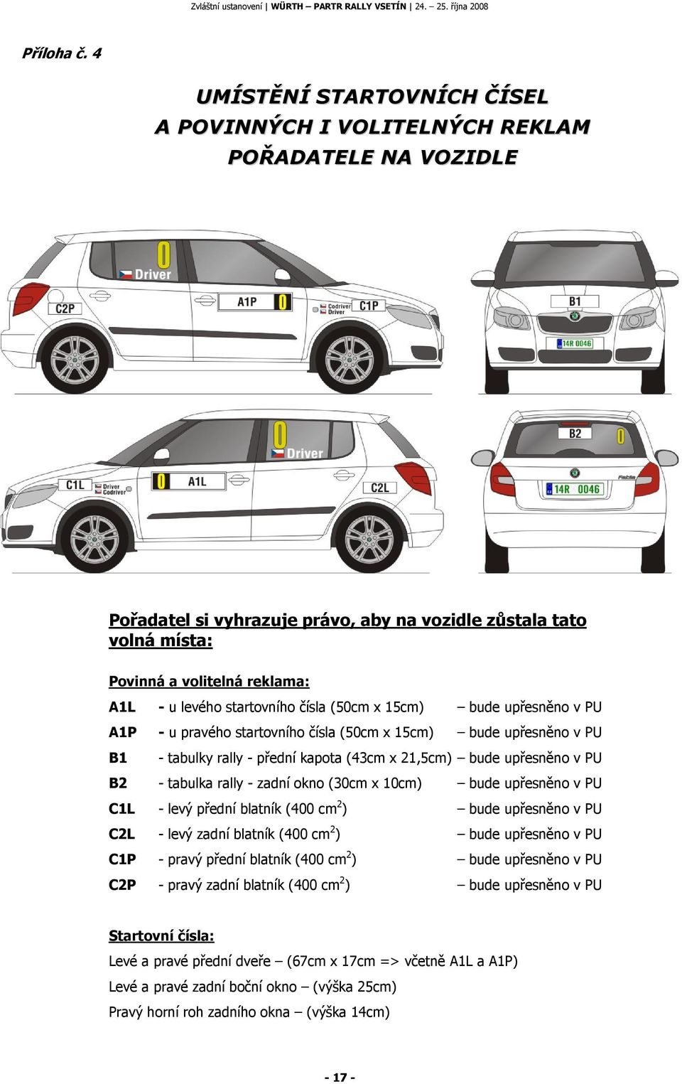 startovního čísla (50cm x 15cm) bude upřesněno v PU A1P - u pravého startovního čísla (50cm x 15cm) bude upřesněno v PU B1 - tabulky rally - přední kapota (43cm x 21,5cm) bude upřesněno v PU B2 -